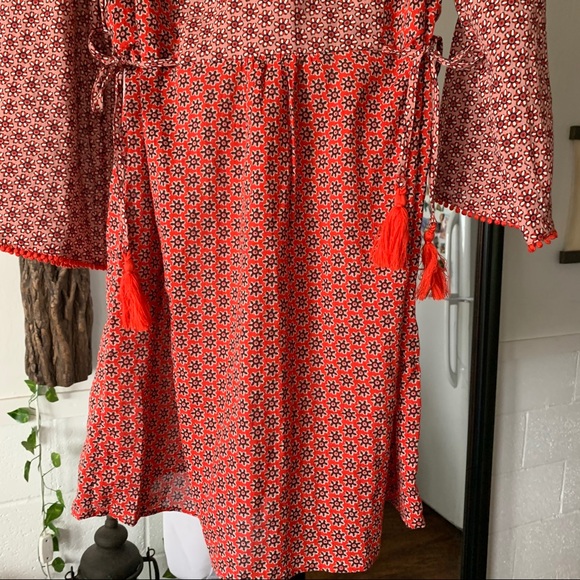 Boden Red Floral Print Tunic Dress Tassel Pom Pom - Picture 9 of 13